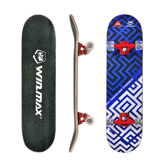 Winmax Skateboard Blue with White Design Front , Back , Side View